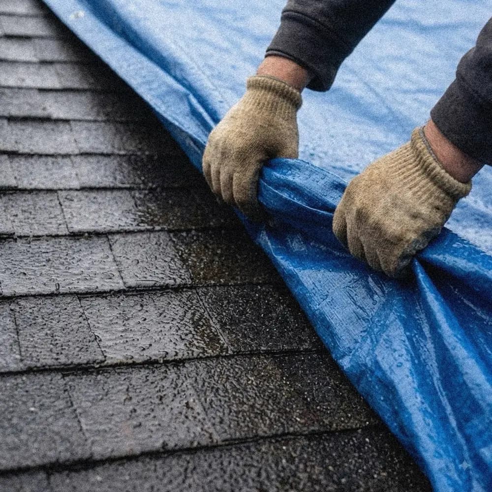 Telhadista da Weather Recovery Solutions fixando uma lona de emergência sobre um telhado de shingle molhado após uma tempestade no sul da Flórida.