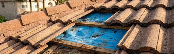 Telhas deslocadas expondo a manta azul em um telhado no sul da Flórida após ventos de tempestade.